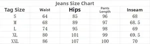 Detailed size chart for high-waisted distressed skinny jeans showing waist and hip measurements