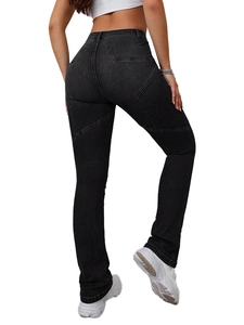Women's black high-waisted flared jeans with unique star-shaped contrast stitching design