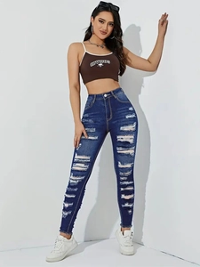Damen High Waist Distressed Skinny Jeans Dunkelblau Zerrissene Denim Bleistifthose Schlanke Passform Dehnbare Streetwear