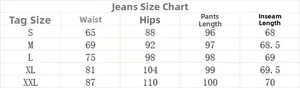 Size chart for high waist stretch skinny jeans showing waist and hip measurements