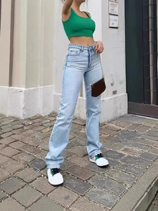Women's High Waist Straight Leg Denim Jeans Stretchy Cotton Blend Washed Casual Long Pants Fashion Streetwear Trouser Black Blue