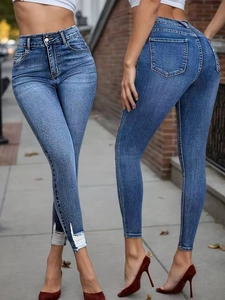 Women High Waist Skinny Jeans Vintage Blue Washed Denim Pants With Frayed Edges Distressed Pencil Trousers For Casual Commute