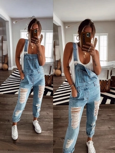 Women Fashion Ripped Distressed Denim Overalls Casual Light Blue Bib Jumpsuit Straight Leg Jean Romper With Pockets Streetwear