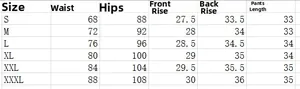 Detailed size chart for women denim shorts showing waist and hip measurements