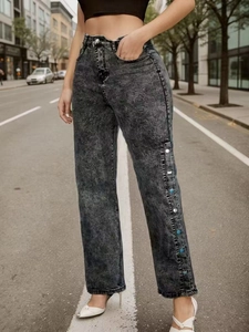Classic grey snow wash high waist flared denim jeans with side metal buttons for women