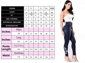 Guide des tailles détaillé pour jean slim femme avec broderie florale aux chevilles