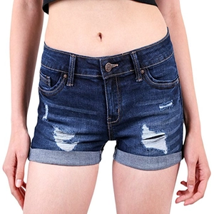 Deep blue washed denim shorts with distressed ripped detailing and rolled cuffs for summer