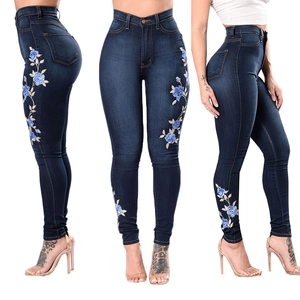 Jean Skinny Taille Haute pour Femme Avec Broderie Rose Florale Bleu Foncé Coupe Slim en Denim Extensible Pantalon Crayon
