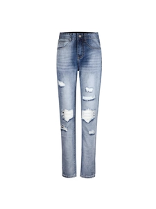 Light blue ripped straight-leg denim jeans for women with vintage distressed finish