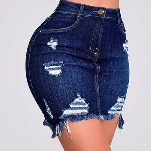 Women's High Waist Distressed Denim Bodycon Mini Skirt Frayed Hem Ripped Jeans Skirt Dark Blue Casual Commuter Slim Fit Skirt
