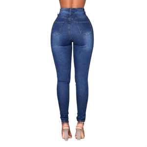 Dunkelblaue Damen-Jeans mit hoher Taille, schmaler Passform und Gesäßtaschen-Detail