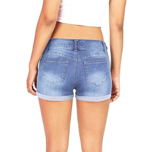 Women's blue denim shorts with rolled cuffs and back pockets shown from a back view