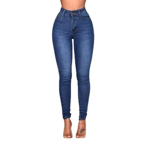 Damen Skinny Jeans mit hoher Taille in dunkelblau gewaschenem Denim und Katzenschnurrbart-Effekt