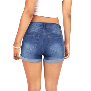 Slim fit women's dark blue denim shorts with rolled hems and back pockets on white background