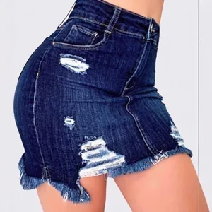 Distressed dark blue high waist denim mini skirt with frayed hem and ripped details