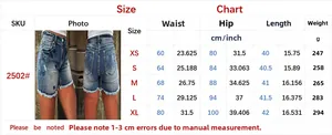 Size chart for women's high waist denim shorts with star embroidery and raw hem details