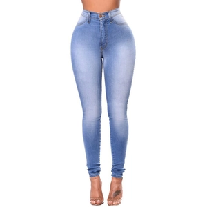 Detailansicht der Damen Skinny-Jeans mit hoher Taille in hellblauer Waschung