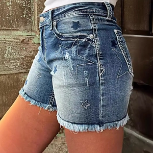 Women's high waist denim shorts with star embroidery and frayed hem in dark blue