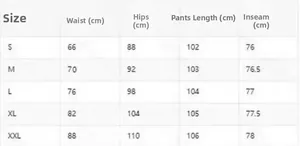Size chart table for slim fit distressed denim jeans from size S to XXL with measurements