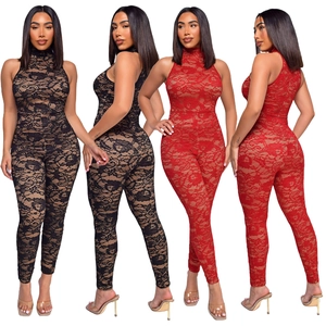 Detail shots of floral lace sleeveless bodysuits in black and red with high neck design