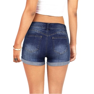 Rear view of slim fit dark blue denim shorts featuring rolled cuffs and lifting effect