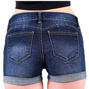 Detail view of dark blue denim shorts featuring functional back pockets and cuffed hems