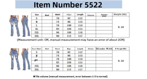Size chart with waist and length details for high stretch slim fit distressed denim pants