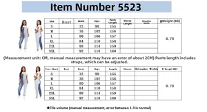 Detailed size chart for women's denim dungarees covering sizes S to 3XL in centimeters