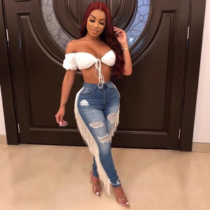 Women High Waist Ripped Tassel Denim Jeans Slim Fit Distressed Side Fringe Skinny Pencil Pants Washed Blue Denim Trousers