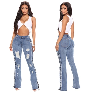 Women's High Waisted Flare Jeans Sexy Side Lace-up Ripped Distressed Denim Pants Y2K Streetwear Raw Hem Bell Bottom Trousers