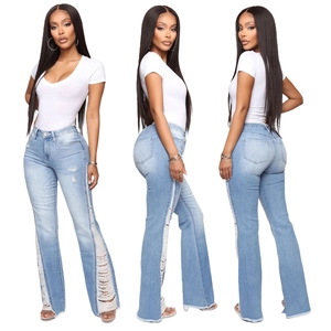 Three views of light blue flare jeans with stylish side rips and white V-neck top for women