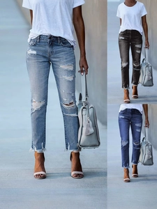 Jeans Femme Taille Haute Déchiré Jambe Droite en Coton Denim Coupe Ajustée avec Ourlet Brut pour le Quotidien