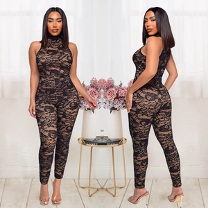 Slim fit black lace jumpsuit with high neck and halter design, front and back view