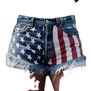 Short en jean taille haute pour femme avec imprimé drapeau américain et ourlet effiloché