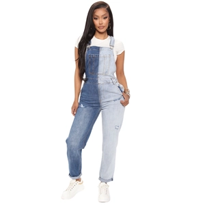 Women's two-tone denim overalls in light and dark blue with a distressed slim fit design