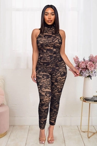 Slim fit black lace jumpsuit with halter neck and nude lining for elegant evening wear