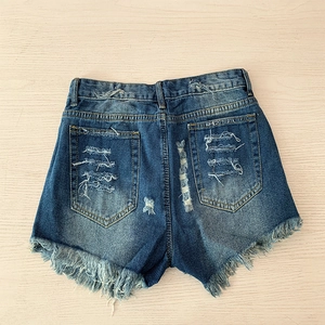 Short en jean bleu taille haute pour femme avec imprimé étoiles, trous et franges longues