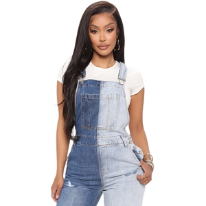 Slim fit denim dungarees for women with contrast paneling and ripped leg details