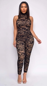 Detail of high neck sleeveless black floral lace bodysuit with nude lining and slim fit