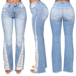 Women Light Blue Distressed Flare Jeans Mid Waist Ripped Denim Pants Raw Hem Streetwear Casual Long Trousers