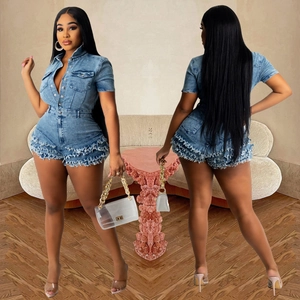 Women Denim Romper Frayed Hem Short Sleeve Button Up Slim Fit Jumpsuit Streetwear Blue Washed Short Playsuit Fashion Outfit