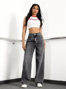 Jeans donna a vita alta con gamba larga in grigio scuro e lavaggio vintage retro