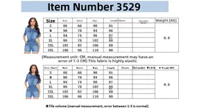 Size chart for women's denim jumpsuit from S to 3XL with bust and waist measurements