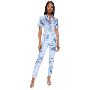 Detail of slim-fit short-sleeved tie-dye denim jumpsuit with lapel collar and buttons