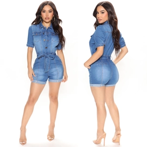 Women Denim Romper Jumpsuit Short Sleeve Lapel Button Down Belted Washed Slim Fit Casual Cotton Blend Short Playsuit With Pockets