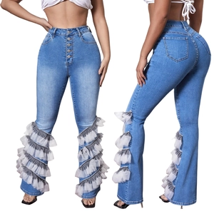 Women's high waist blue denim flared pants with six-layer mesh ruffles and buttons