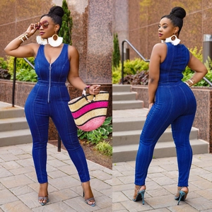 Women Sexy Slim Fit Denim Jumpsuit Sleeveless Deep V Neck Front Ring Zipper Long Pants Romper One Piece Streetwear Jeans Outfit