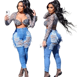 Jeans Déchirés Taille Haute pour Femmes Streetwear Pantalons en Denim Skinny Usé Sexy Stretch Bleu