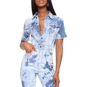 Short sleeve light blue acid wash denim romper with shirt collar and front metal buttons