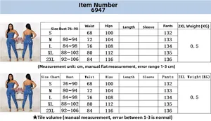 Size chart for strapless denim jumpsuit showing bust, waist, and hip measurements